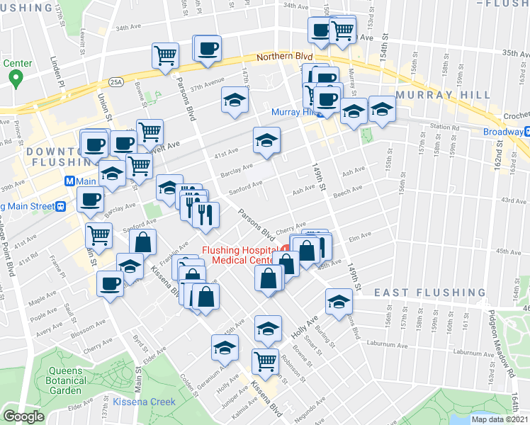 map of restaurants, bars, coffee shops, grocery stores, and more near 146-19 Beech Avenue in Queens