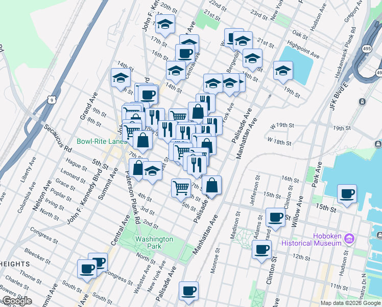 map of restaurants, bars, coffee shops, grocery stores, and more near 910 Bergenline Avenue in Union City