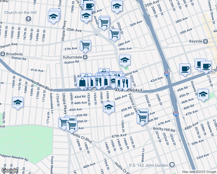 map of restaurants, bars, coffee shops, grocery stores, and more near 19505 Northern Boulevard in Queens