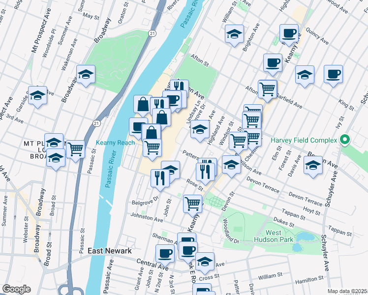 map of restaurants, bars, coffee shops, grocery stores, and more near 149 Belgrove Drive in Kearny