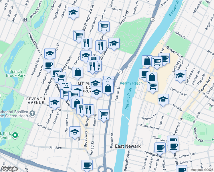 map of restaurants, bars, coffee shops, grocery stores, and more near 114 Mount Pleasant Avenue in Newark