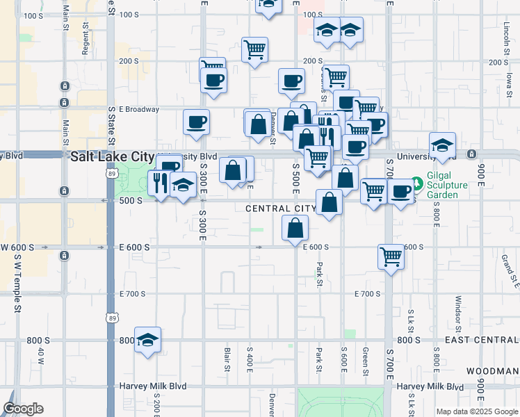 map of restaurants, bars, coffee shops, grocery stores, and more near 515 South 400 East in Salt Lake City