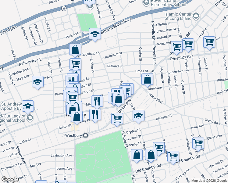 map of restaurants, bars, coffee shops, grocery stores, and more near 465 Dover Street in Westbury