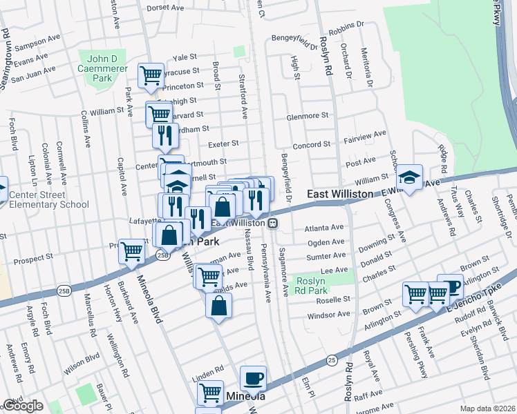 map of restaurants, bars, coffee shops, grocery stores, and more near 28 Amherst Street in Williston Park
