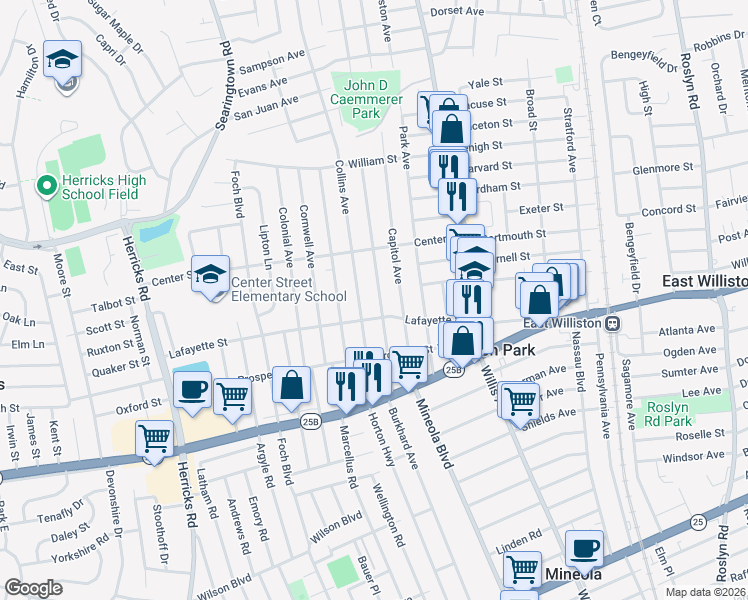 map of restaurants, bars, coffee shops, grocery stores, and more near 107 Collins Avenue in Williston Park