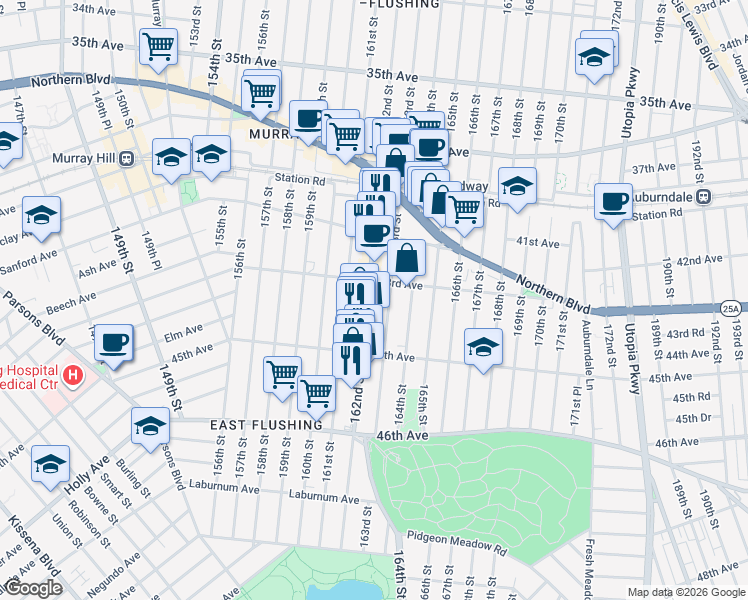 map of restaurants, bars, coffee shops, grocery stores, and more near 43-28 162nd Street in Queens