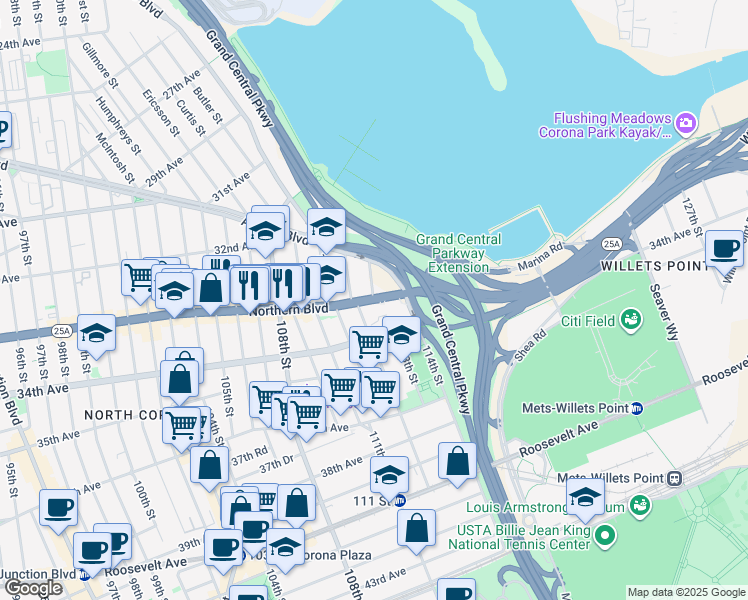 map of restaurants, bars, coffee shops, grocery stores, and more near 112-24 Northern Boulevard in Queens