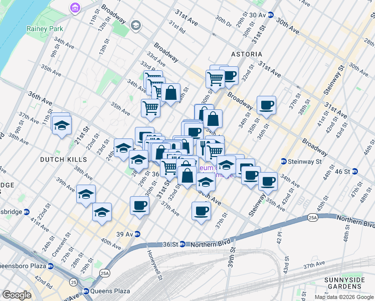 map of restaurants, bars, coffee shops, grocery stores, and more near 30-14 35th Avenue in Queens