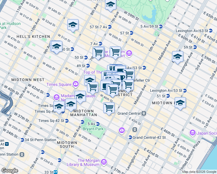 map of restaurants, bars, coffee shops, grocery stores, and more near 38w West 48th Street in New York