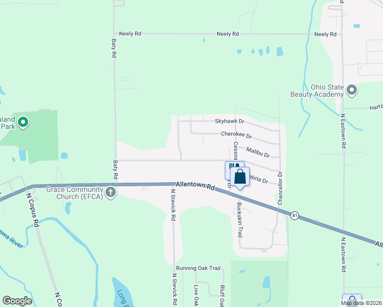 map of restaurants, bars, coffee shops, grocery stores, and more near 1430 George Bingham Dr in Elida