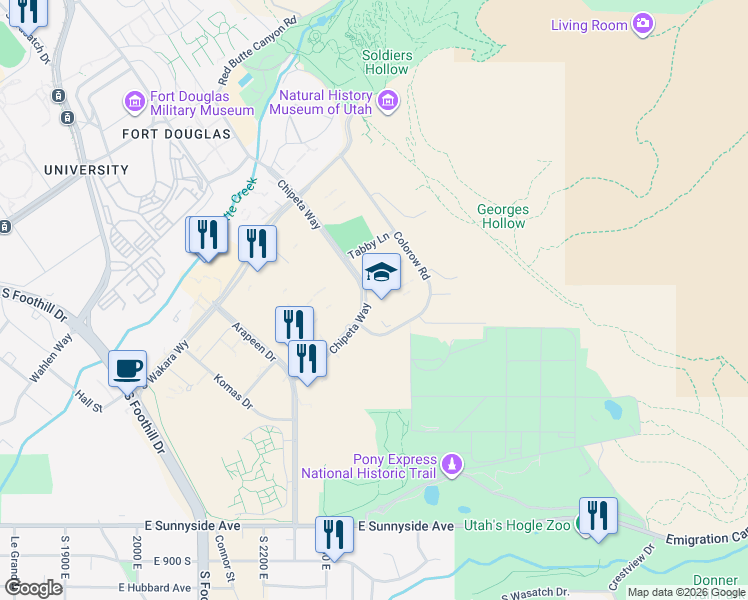 map of restaurants, bars, coffee shops, grocery stores, and more near 501 Chipeta Way in Salt Lake City