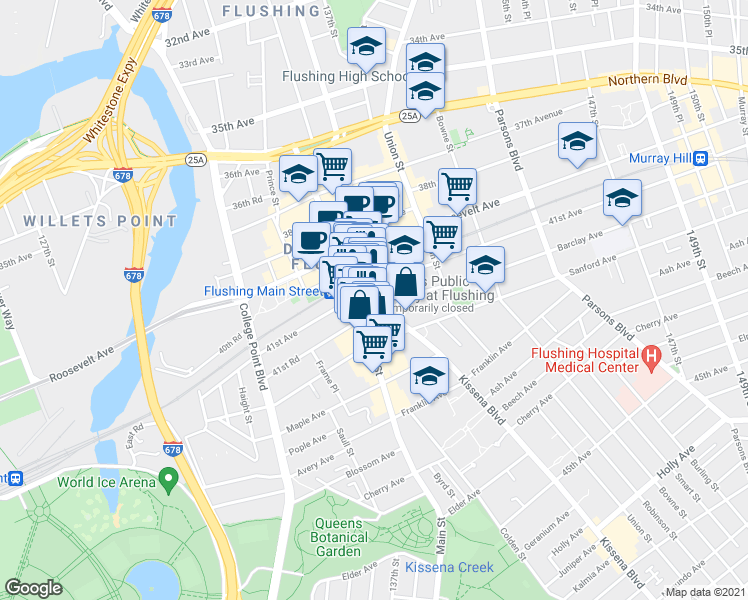 map of restaurants, bars, coffee shops, grocery stores, and more near 41-25 Kissena Boulevard in Queens