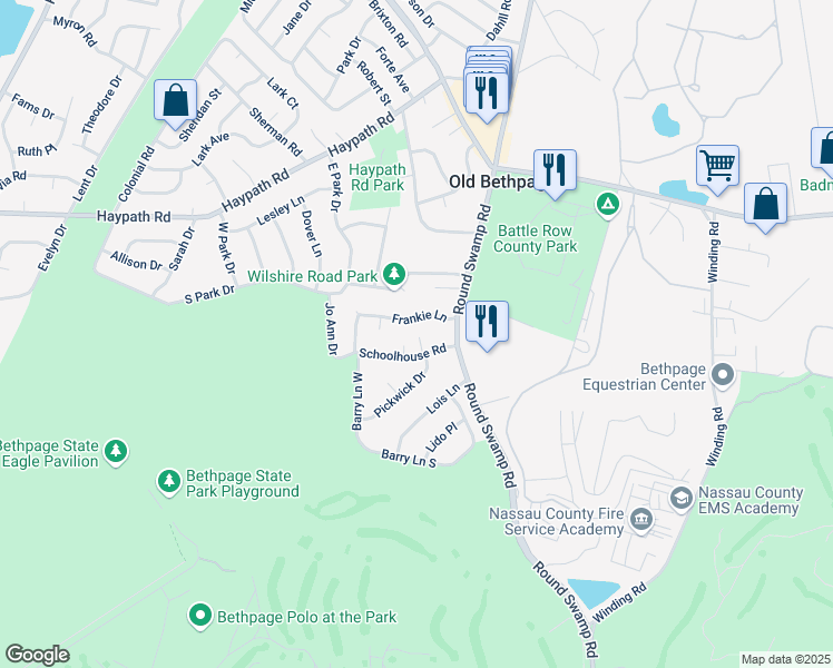 map of restaurants, bars, coffee shops, grocery stores, and more near 38 Schoolhouse Road in Old Bethpage