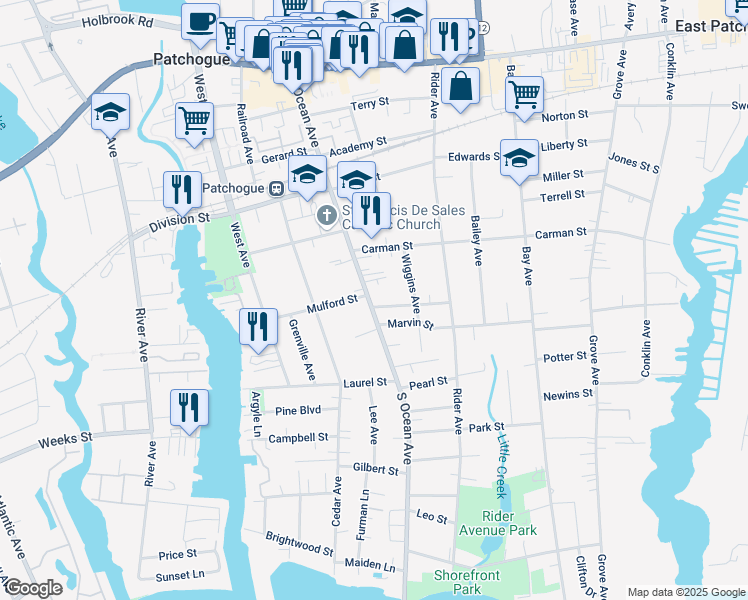map of restaurants, bars, coffee shops, grocery stores, and more near 11 Danes Street in Patchogue