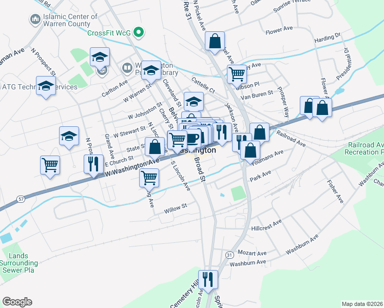 map of restaurants, bars, coffee shops, grocery stores, and more near 27 West Washington Avenue in Washington