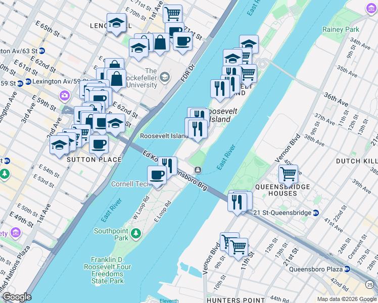map of restaurants, bars, coffee shops, grocery stores, and more near 405-425 Main Street in New York