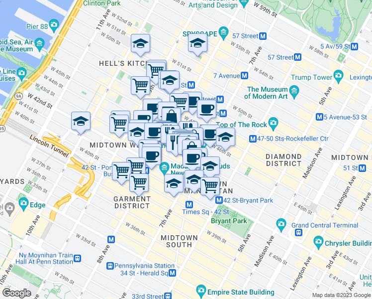 map of restaurants, bars, coffee shops, grocery stores, and more near Shubert Alley in New York