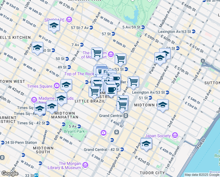 map of restaurants, bars, coffee shops, grocery stores, and more near 610 5th Avenue in New York