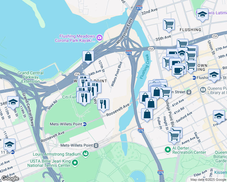 map of restaurants, bars, coffee shops, grocery stores, and more near 127-08 Willets Point Boulevard in Queens