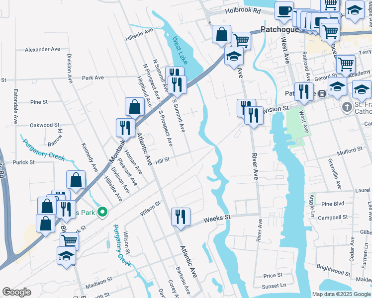 map of restaurants, bars, coffee shops, grocery stores, and more near 63 Hill Street in Patchogue