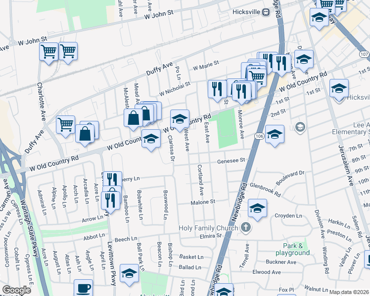 map of restaurants, bars, coffee shops, grocery stores, and more near 31 West Avenue in Hicksville