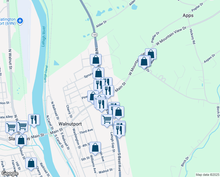 map of restaurants, bars, coffee shops, grocery stores, and more near 528 Old Main Street in Walnutport