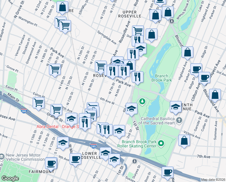 map of restaurants, bars, coffee shops, grocery stores, and more near 244 North 7th Street in Newark