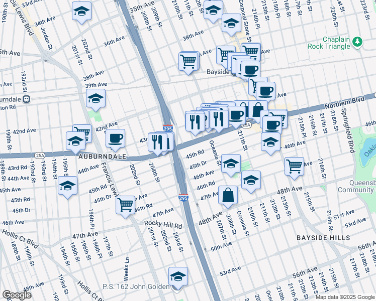 map of restaurants, bars, coffee shops, grocery stores, and more near 207-02 Northern Boulevard in Queens