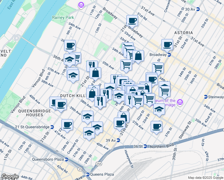 map of restaurants, bars, coffee shops, grocery stores, and more near 36-6 Crescent Street in Queens