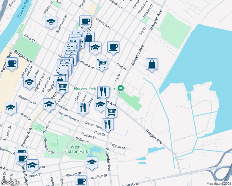 map of restaurants, bars, coffee shops, grocery stores, and more near 90 Ivy Street in Kearny