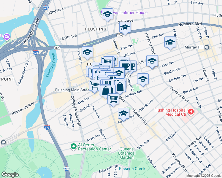 map of restaurants, bars, coffee shops, grocery stores, and more near 41-25 Kissena Boulevard in Queens