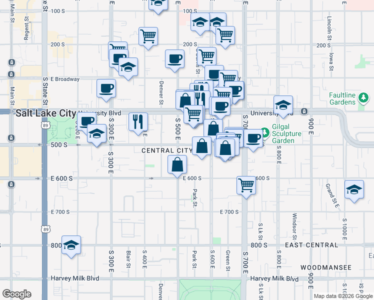 map of restaurants, bars, coffee shops, grocery stores, and more near 514 East 500 South in Salt Lake City
