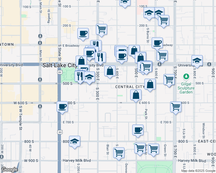map of restaurants, bars, coffee shops, grocery stores, and more near 350 500 South in Salt Lake City