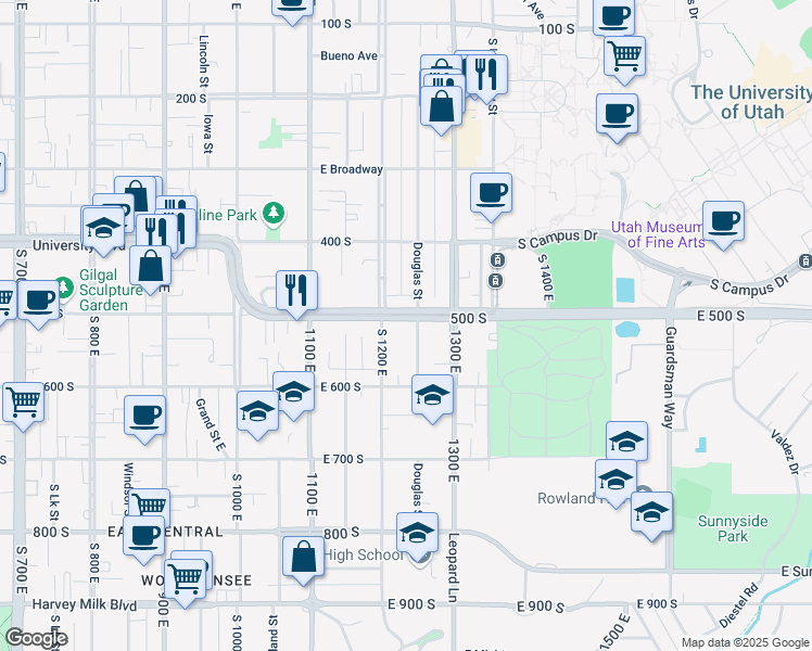 map of restaurants, bars, coffee shops, grocery stores, and more near 1226 East 500 South in Salt Lake City