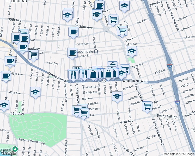 map of restaurants, bars, coffee shops, grocery stores, and more near 42-50 193rd Street in Queens