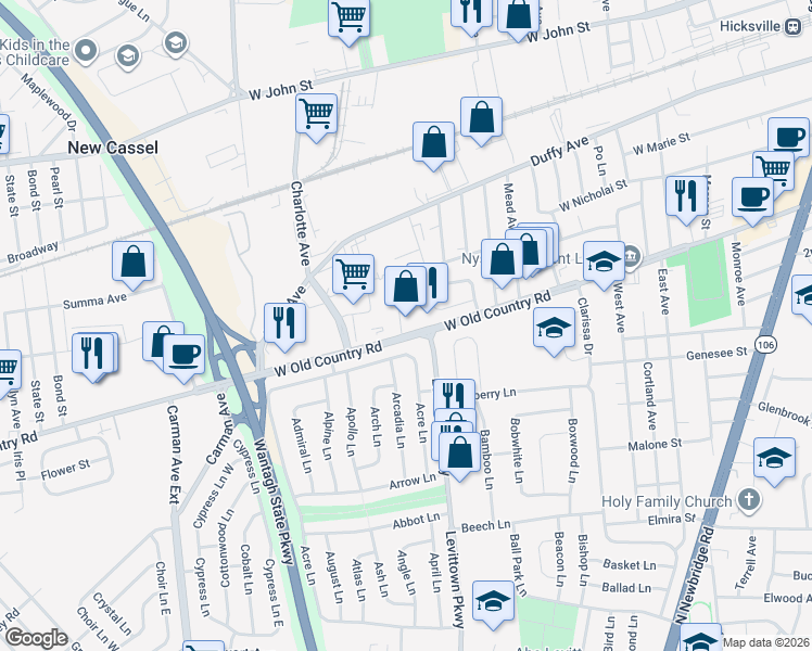 map of restaurants, bars, coffee shops, grocery stores, and more near 502 West Old Country Road in Hicksville