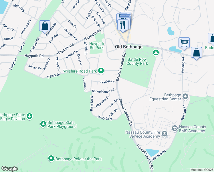 map of restaurants, bars, coffee shops, grocery stores, and more near 38 Schoolhouse Road in Old Bethpage