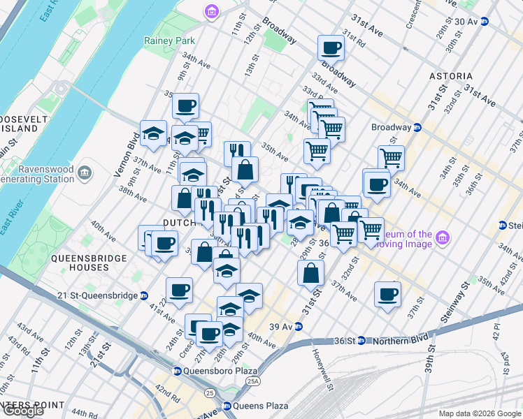 map of restaurants, bars, coffee shops, grocery stores, and more near 32 24th Street in Queens