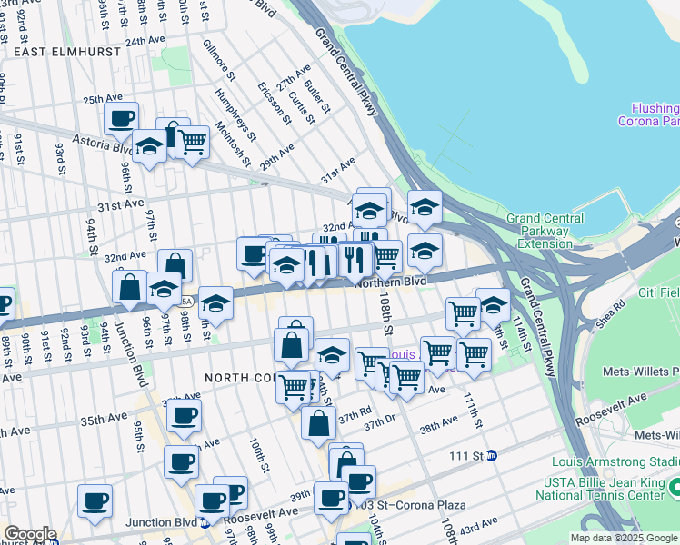 map of restaurants, bars, coffee shops, grocery stores, and more near 32-56 106th Street in Queens