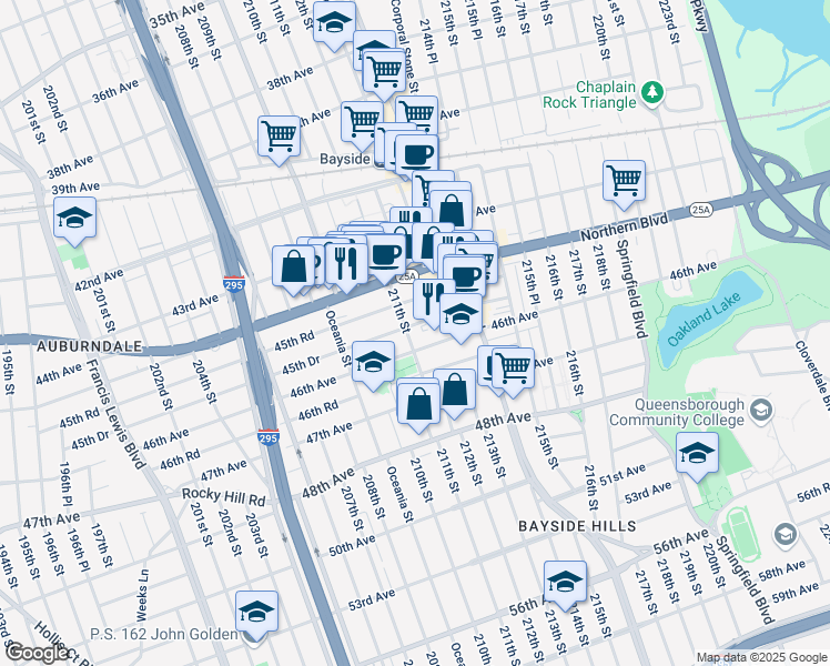 map of restaurants, bars, coffee shops, grocery stores, and more near 45-57 211th Street in Queens