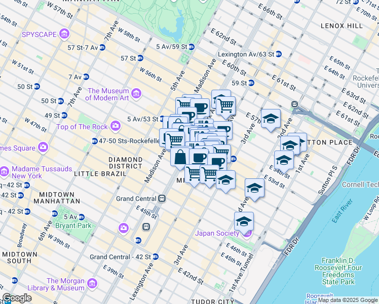 map of restaurants, bars, coffee shops, grocery stores, and more near 345 Park Avenue South in New York