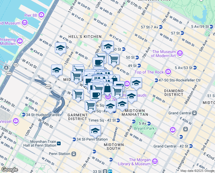 map of restaurants, bars, coffee shops, grocery stores, and more near 300 West 44th Street in New York
