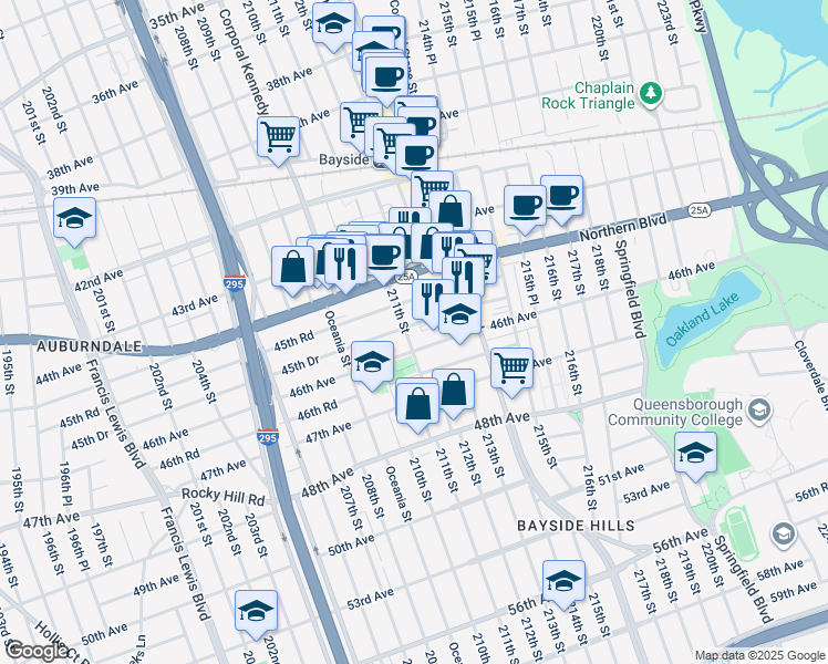 map of restaurants, bars, coffee shops, grocery stores, and more near 45-57 211th Street in Queens