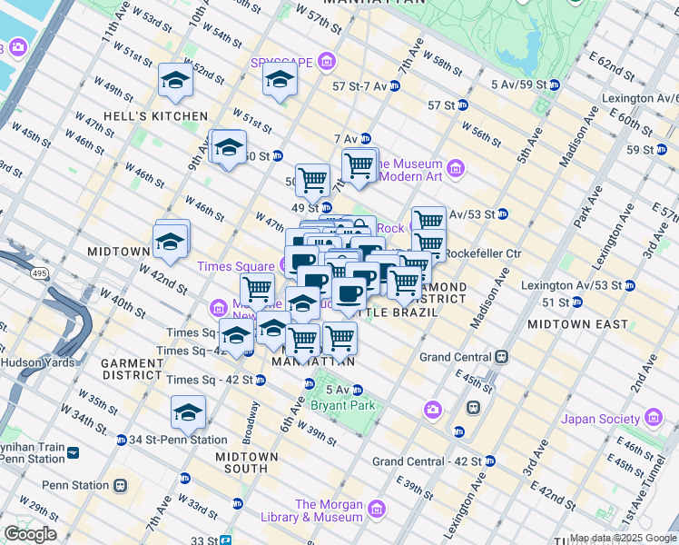 map of restaurants, bars, coffee shops, grocery stores, and more near 60 East 42nd Street in New York