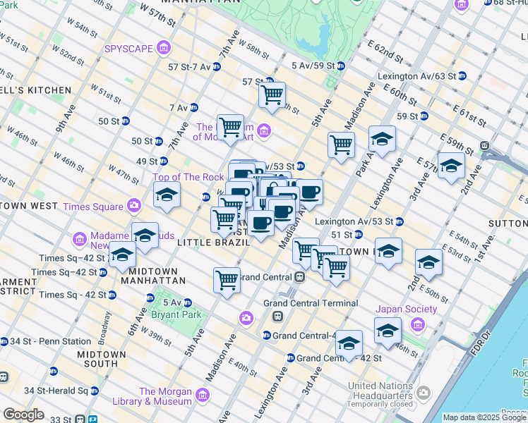 map of restaurants, bars, coffee shops, grocery stores, and more near 610 5th Avenue in New York