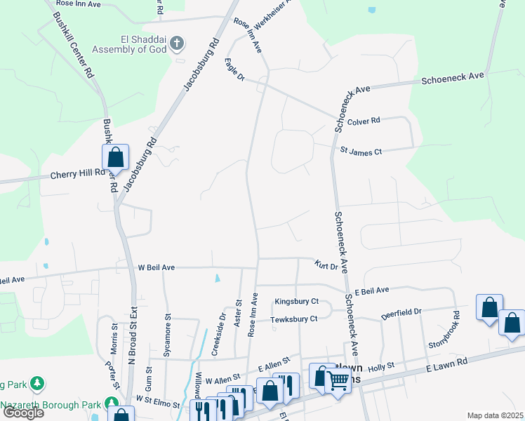 map of restaurants, bars, coffee shops, grocery stores, and more near 412 Rose Inn Avenue in Nazareth