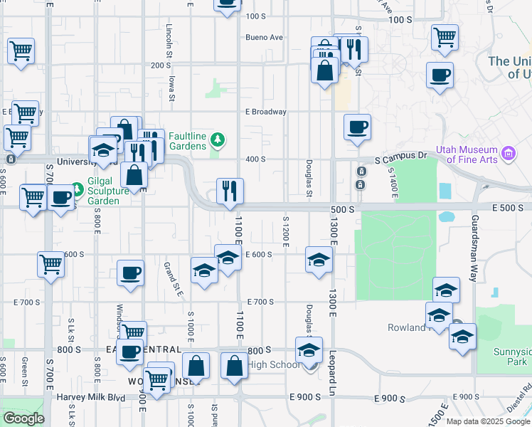 map of restaurants, bars, coffee shops, grocery stores, and more near 1150 East 500 South in Salt Lake City