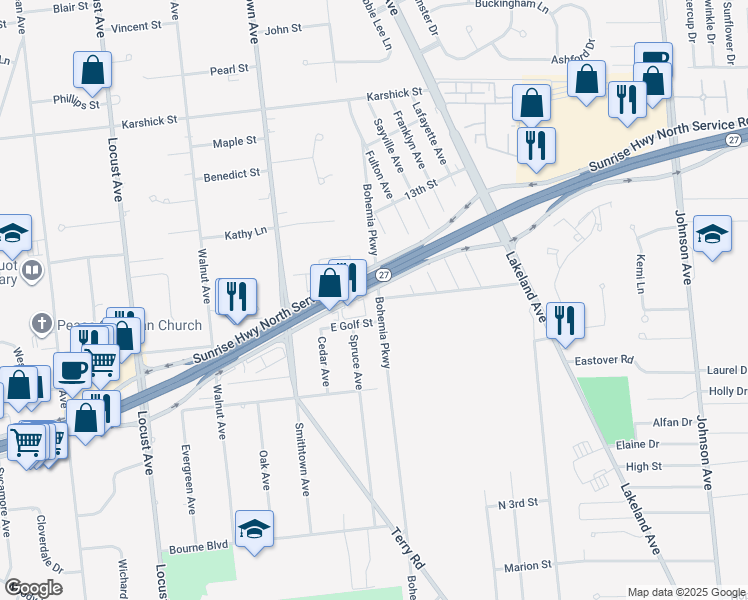 map of restaurants, bars, coffee shops, grocery stores, and more near 756 Bohemia Parkway in Sayville