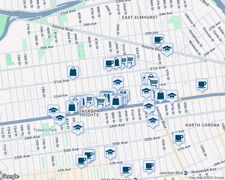 map of restaurants, bars, coffee shops, grocery stores, and more near 88-10 32nd Avenue in Queens