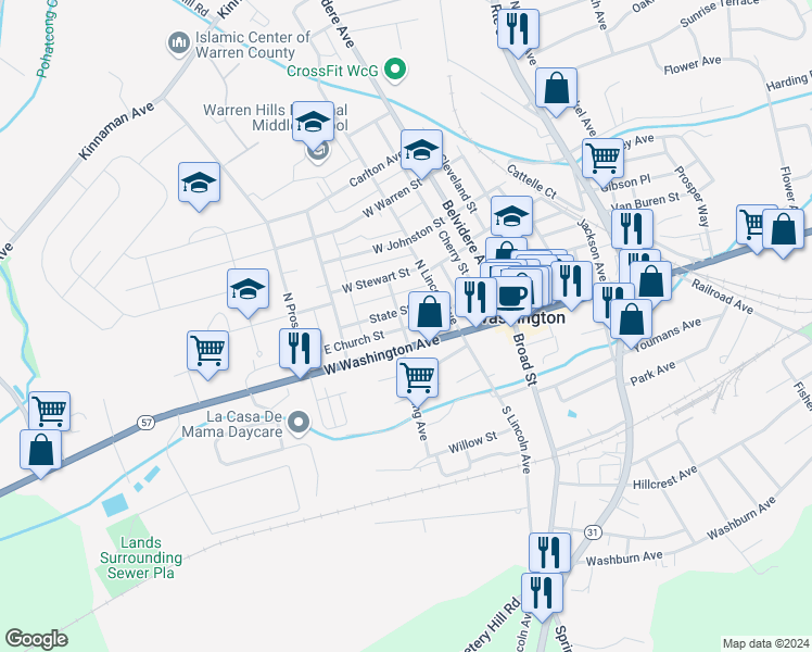 map of restaurants, bars, coffee shops, grocery stores, and more near 38 North Wandling Avenue in Washington
